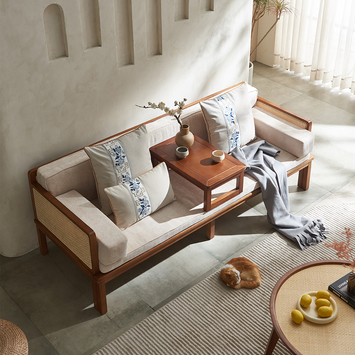 藤编沙发客厅实木罗汉床组合小户型新中式白蜡木抽拉伸缩睡塌床榻