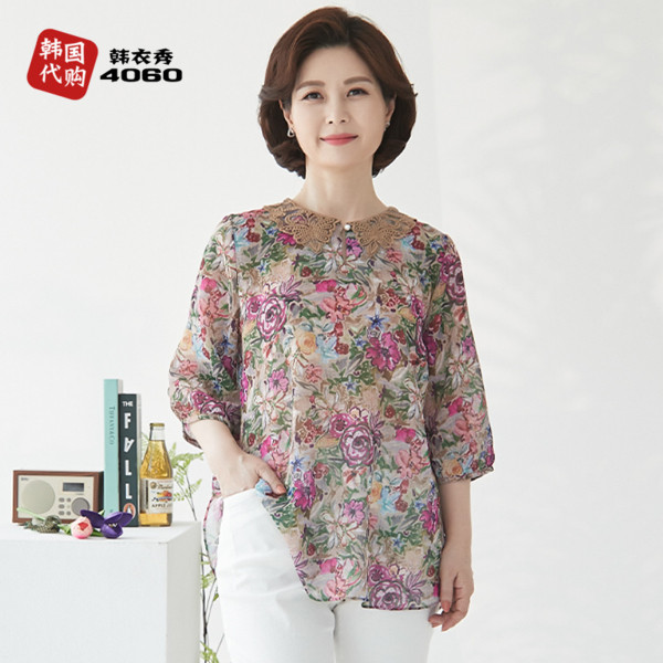 甜美韩国中老年女装T恤七分袖蕾丝大衣领妈妈装宽松花色BL306007