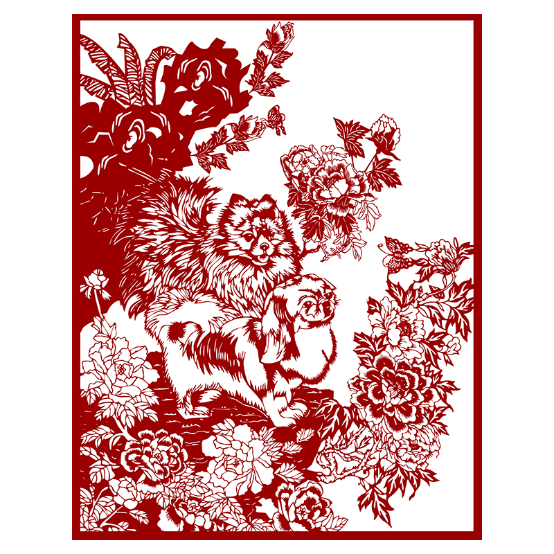 高清牡丹小狗剪纸图样手工刻纸花鸟图案黑白打印底稿中国风窗花