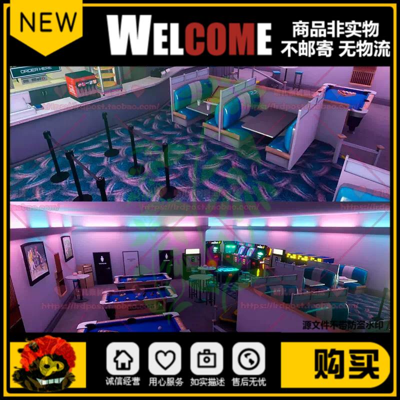 Unity3d卡通游戏厅咖啡厅台球厅酒吧街机桌椅沙发食物场景模型U3D