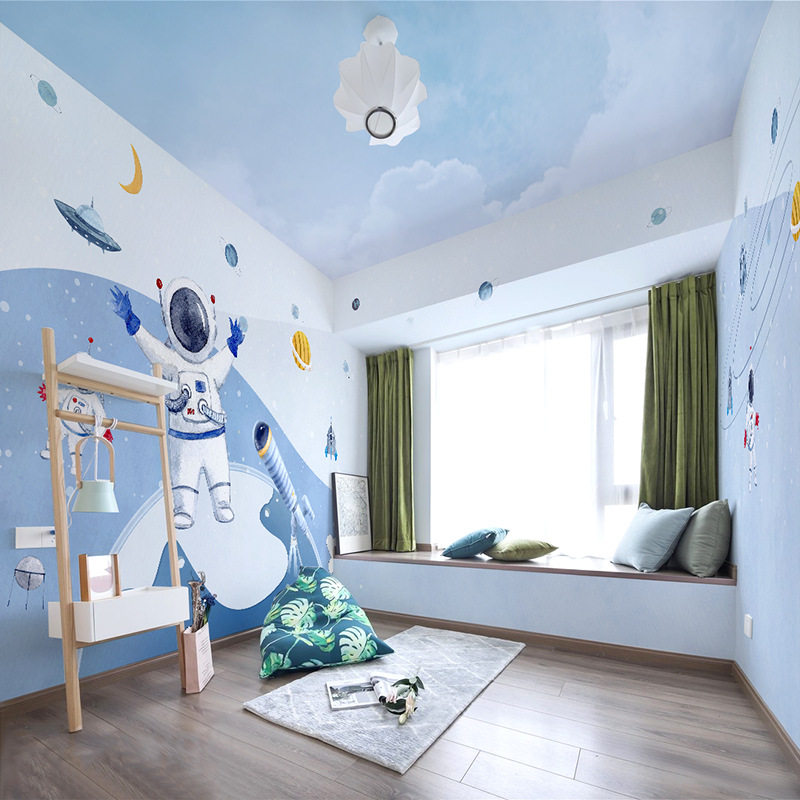 儿童房壁纸孩孩卧室卡通墙布太空星球墙纸无缝壁画宇航员壁布