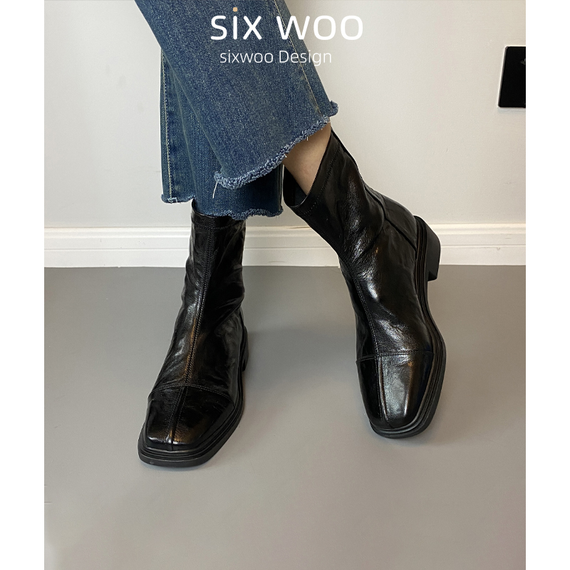 SIXWOO 软底低跟短靴女羊皮方头后拉链靴子2023秋冬新款复古做旧