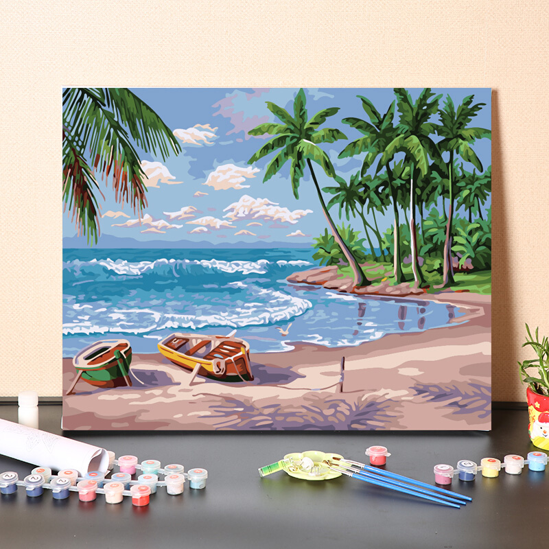 数字油画diy填充夏天沙滩海滩椰子树手工填色风景丙烯油彩画画