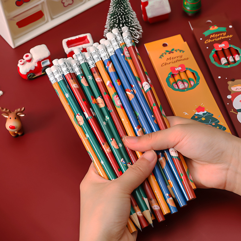 圣诞盒装铅笔 小学生书写绘画素描笔套装圣诞节HB带橡皮铅笔6支装