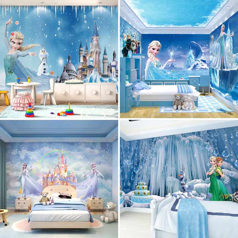 儿童房卧室壁纸艾莎公主卡通壁画3D冰雪奇缘电视客厅背景装饰墙纸