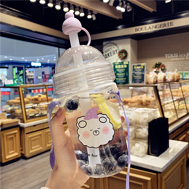 韩版创意少女心塑料杯学生可爱吸管水杯女便携 ins网红珍珠奶茶杯