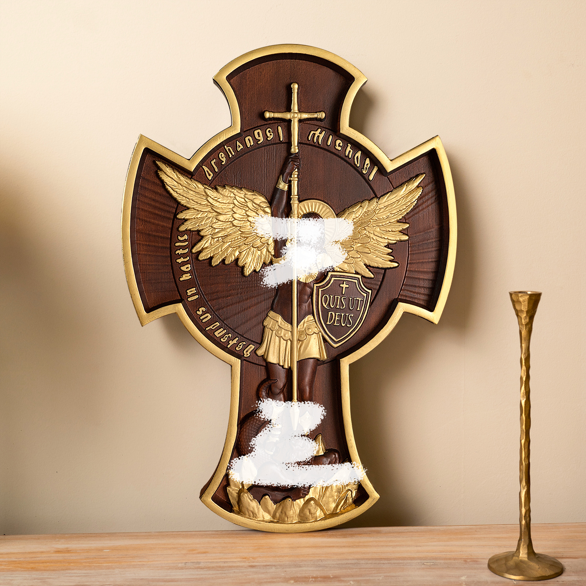圣物大天使米迦勒迈克尔十字架木雕壁挂工艺品摆件家居教堂挂件