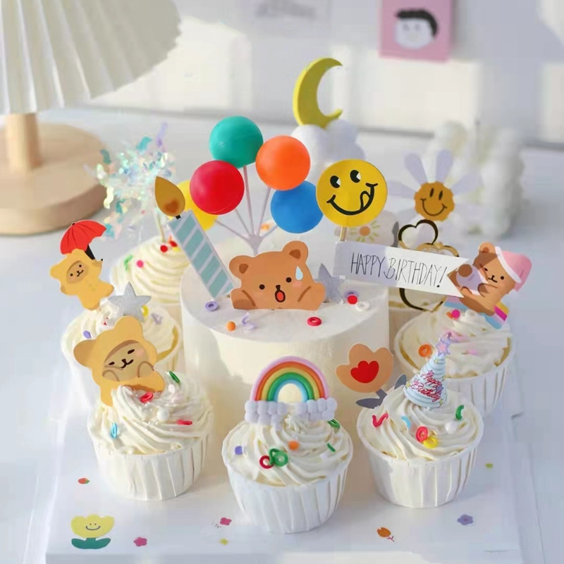 纸杯蛋糕装饰插件可爱ins小熊杯子蛋糕组合儿童生日气球小熊插牌