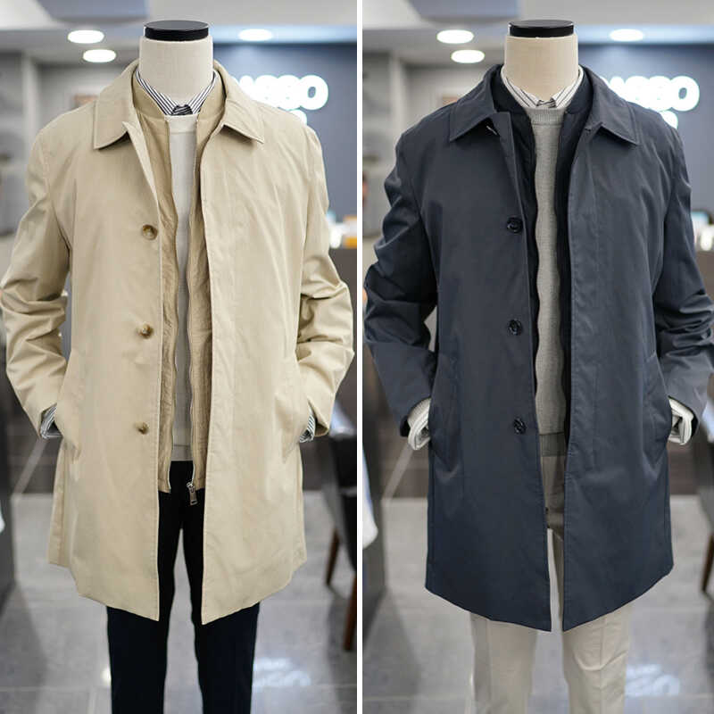 0530春装BASSO米色纯色弹力2合1背心+外套两件套男士风衣商务2色