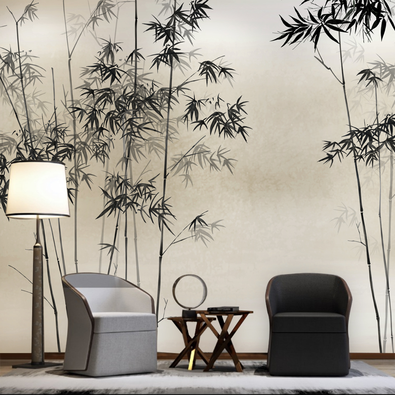 现代中式水墨竹林壁纸古风意境壁布电视沙发背景墙纸来图定制壁画