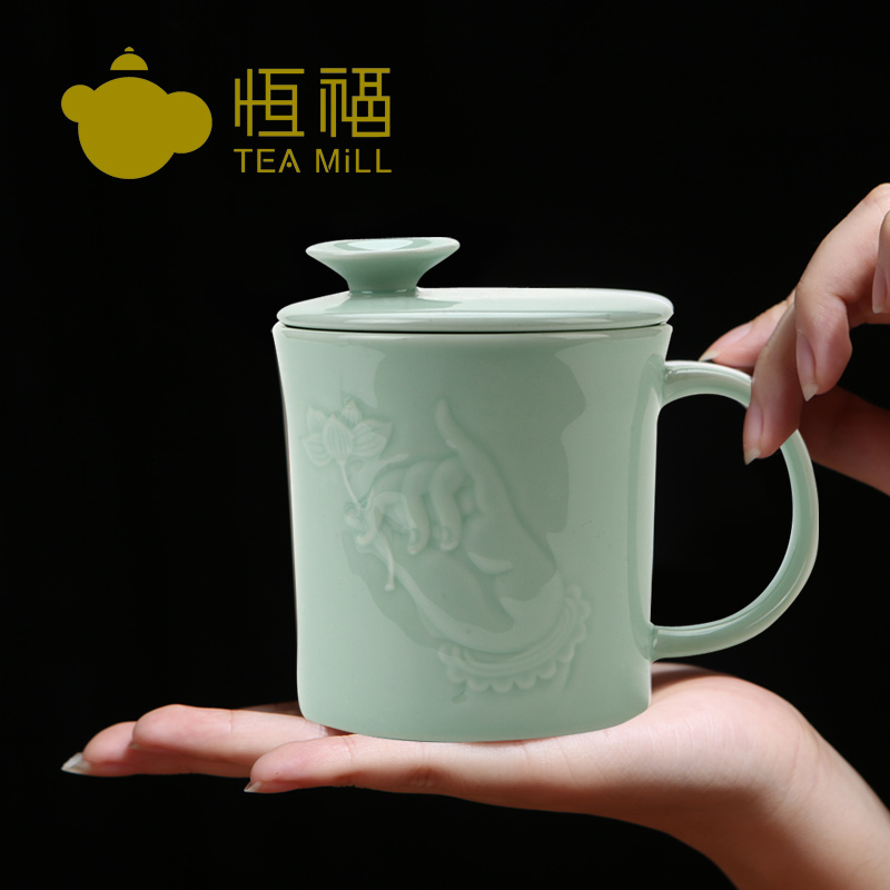 正品恒福茶具自在杯景德镇茶杯陶瓷带盖马克杯创意个人杯办公包邮