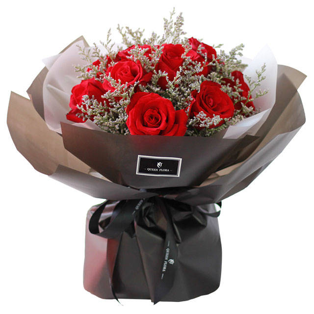 鲜花速递全国同城配送11支红玫瑰花束满天星黑色包装高档花束现做