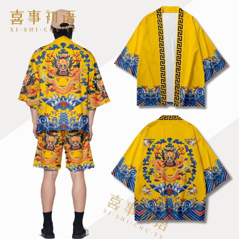 中国风龙袍龙纹皇帝国潮牌印花羽织上衣青年男女披风汉服和服外套