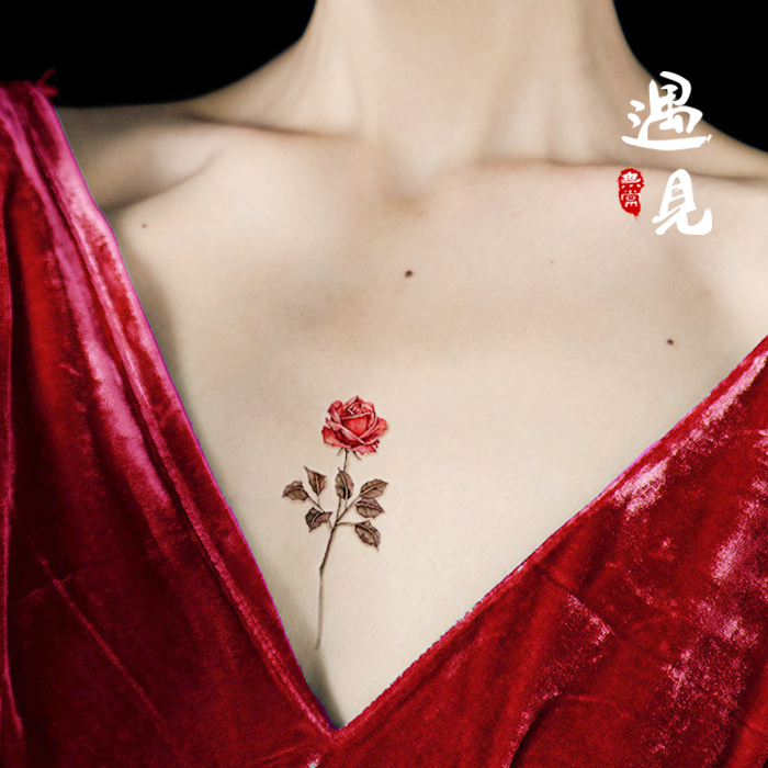 墨印记玫瑰花纹身贴红色手背刺青小图案清新花朵防水女持久耳后