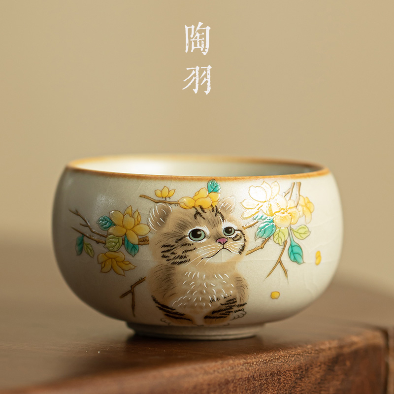 汝窑猫咪茶杯主人杯单杯开片茶盏高档个人专用功夫茶具陶瓷品茗杯