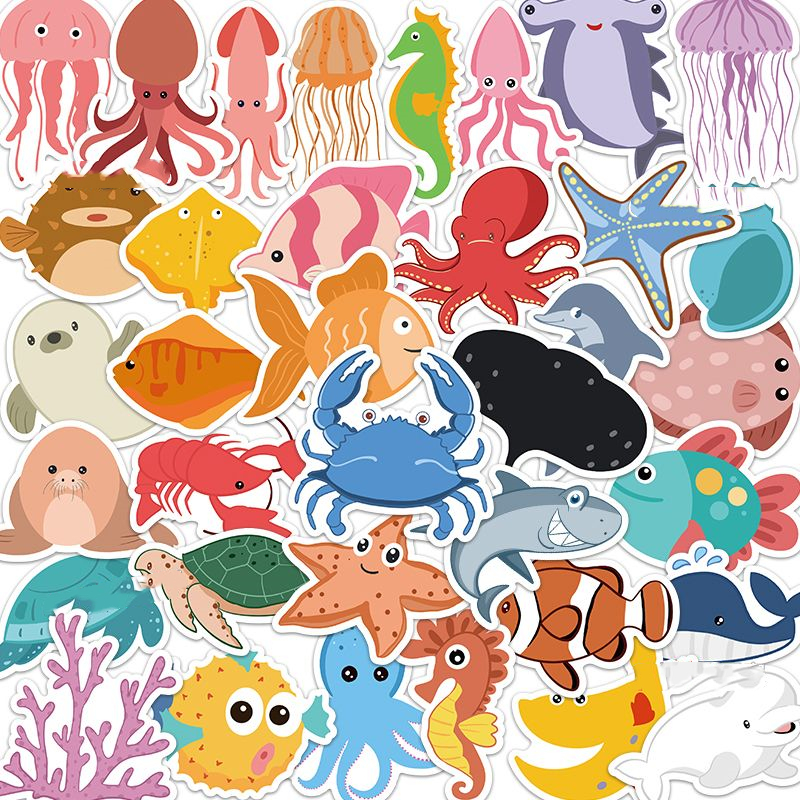 60张海洋动物贴纸卡通海洋生物小鱼自粘手帐装饰素材手机贴画防水