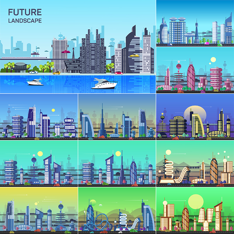 646未来科技科幻城市剪影旅游旅行度假房地产海报EPS矢量设计素材