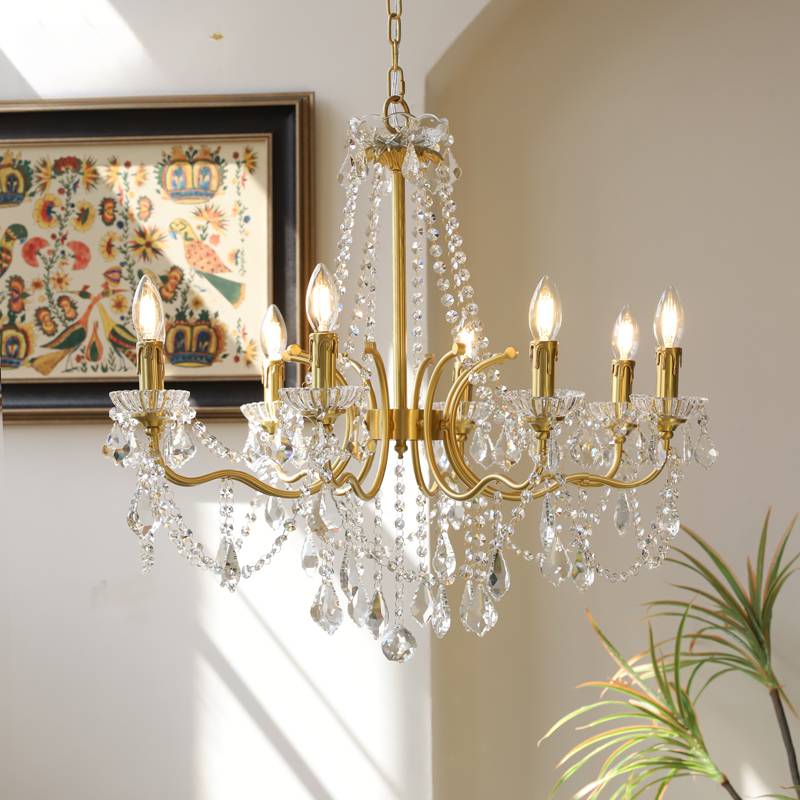 法式复古全铜水晶吊灯 美式欧式蜡烛别墅客厅餐厅卧室轻奢灯具6头