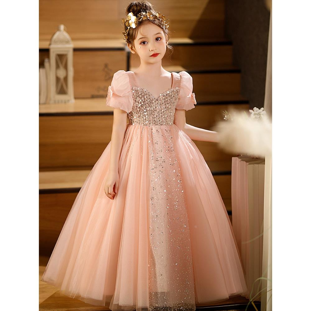 女童礼服夏季儿童轻奢公主裙粉色女孩主持人钢琴演出服生日晚礼服