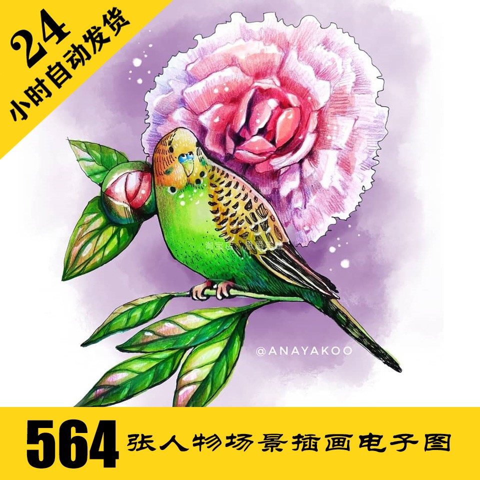 S046 马克笔插画电子图564张 动物花卉手绘 临摹素材 持续更新