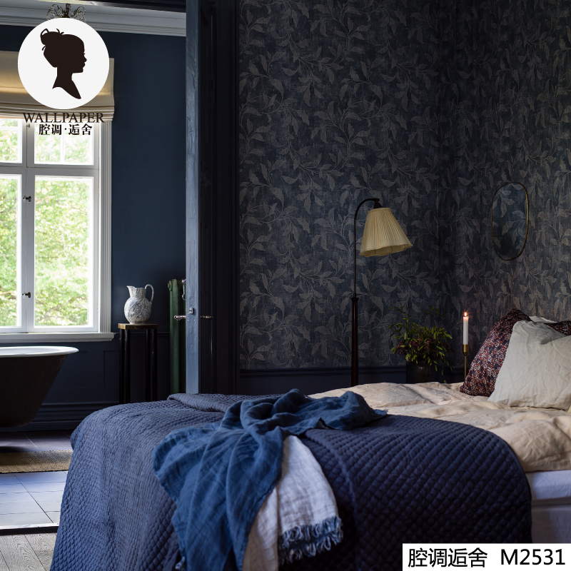 腔调壁画高耸的紫檀木华丽深蓝色花卉图像餐厅客厅卧室墙布M2531