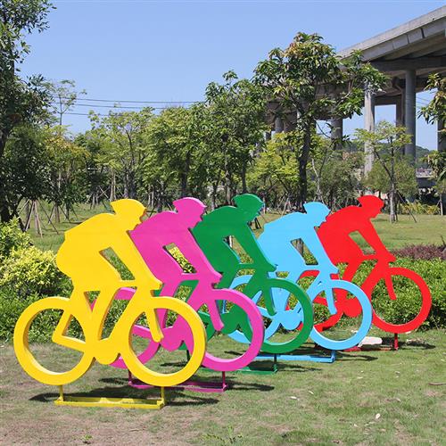 骑自行车运动卡通人物园林景观抽象雕塑公园玻璃钢材质装饰品摆件