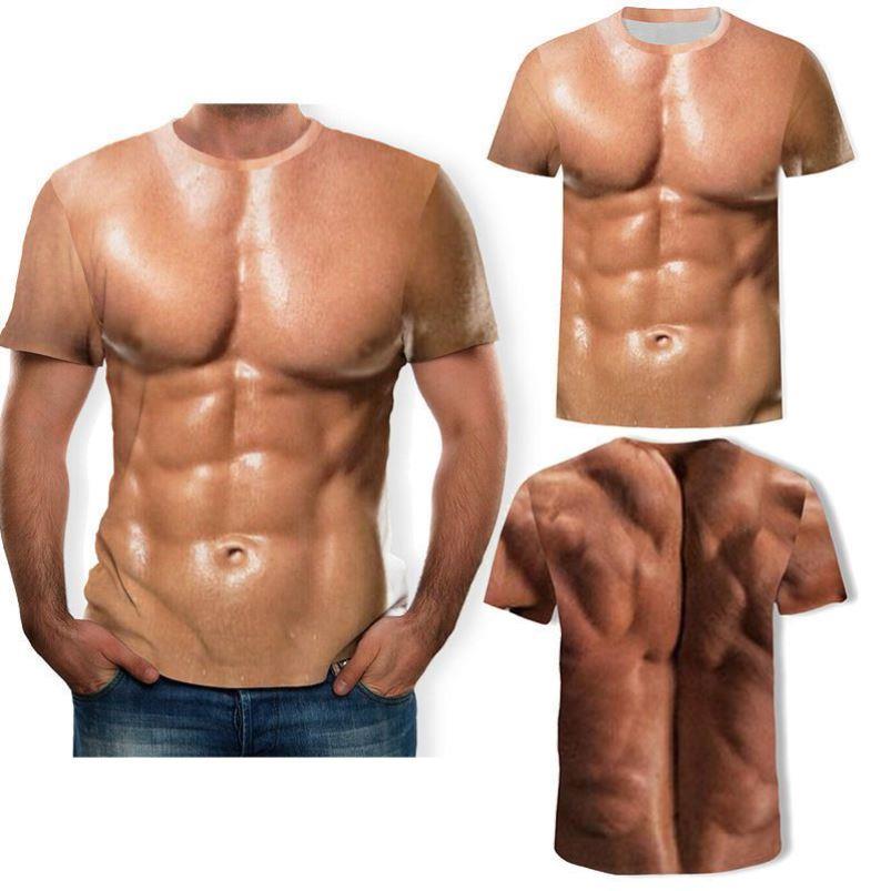 八块腹肌衣服露腹肌上衣肌肉男T恤创意短袖3d性感仿真六块健身
