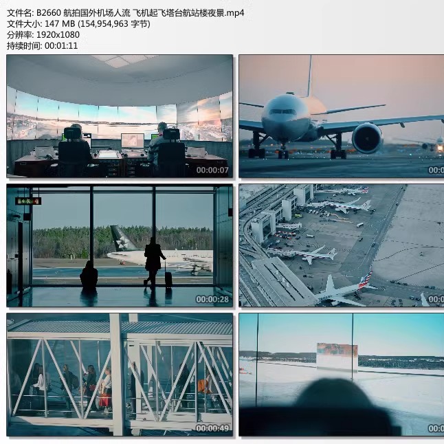 航拍国外机场人流 飞机起飞塔台航站楼夜景 高清实拍视频素材