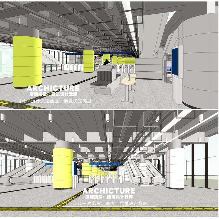 交通枢纽轻轨地铁站SU模型sketchup安检x光机刷卡闸机自助售票机