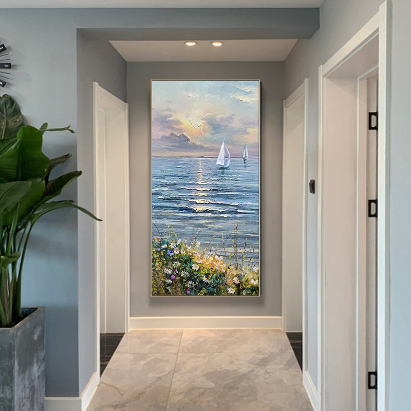 莫奈手绘油画入户玄关装饰画现代简约客厅走廊日出大海风景挂壁画