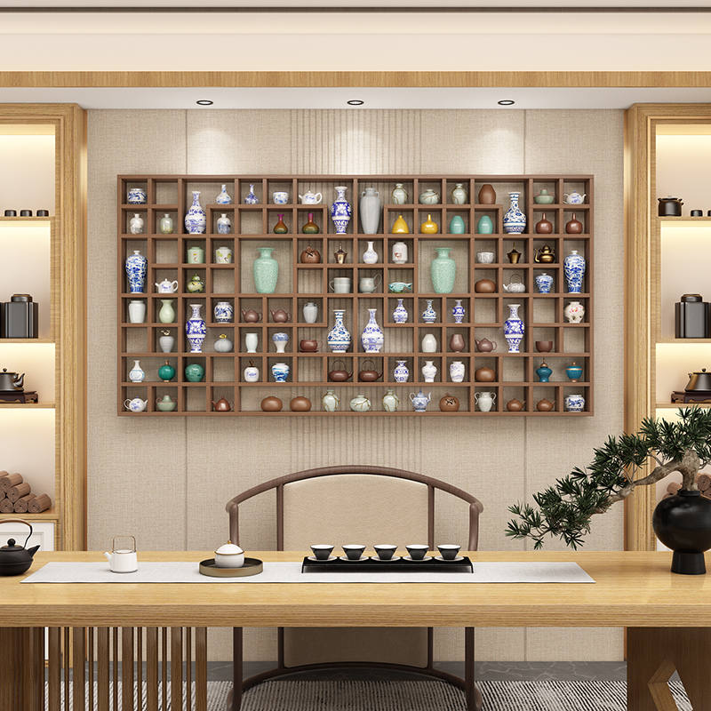 隔板壁挂造型置物架茶壶展示架实木格子架杯子架墙上博古架异形木