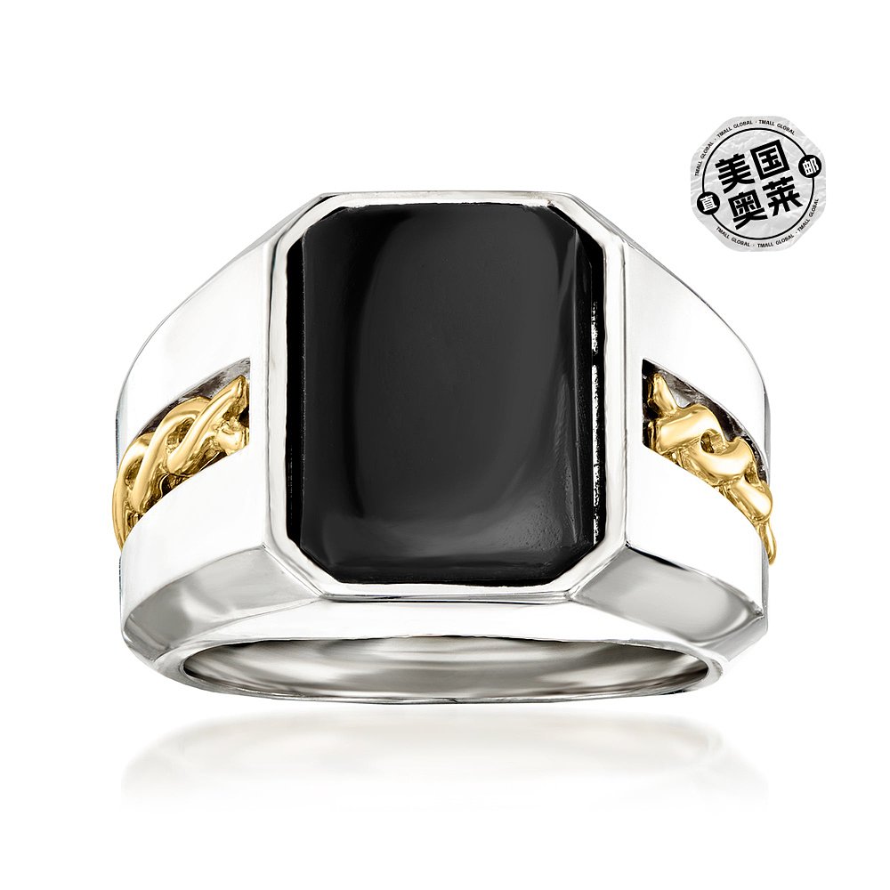 Ross-Simons 925 纯银和 14 克拉黄金男士黑色缟玛瑙戒指 - 黑色