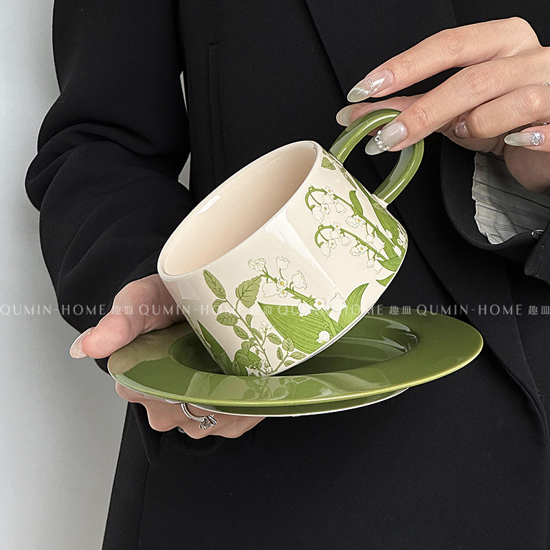 复古美式陶瓷杯碟中古风油画绿铃兰花咖啡杯碟赫本风下午茶花茶杯