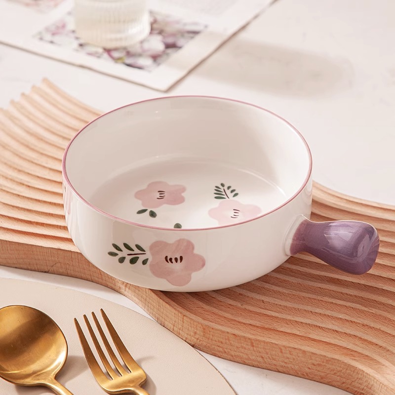 紫萱花手柄碗带把烤碗家用酸奶碗陶瓷蒸蛋碗网红泡面碗烘焙烤盘
