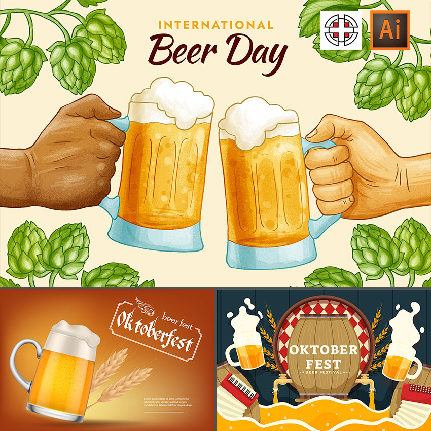 夏季啤酒碰杯扎啤杯子桶子节日摇滚海报插画AI矢量设计素材