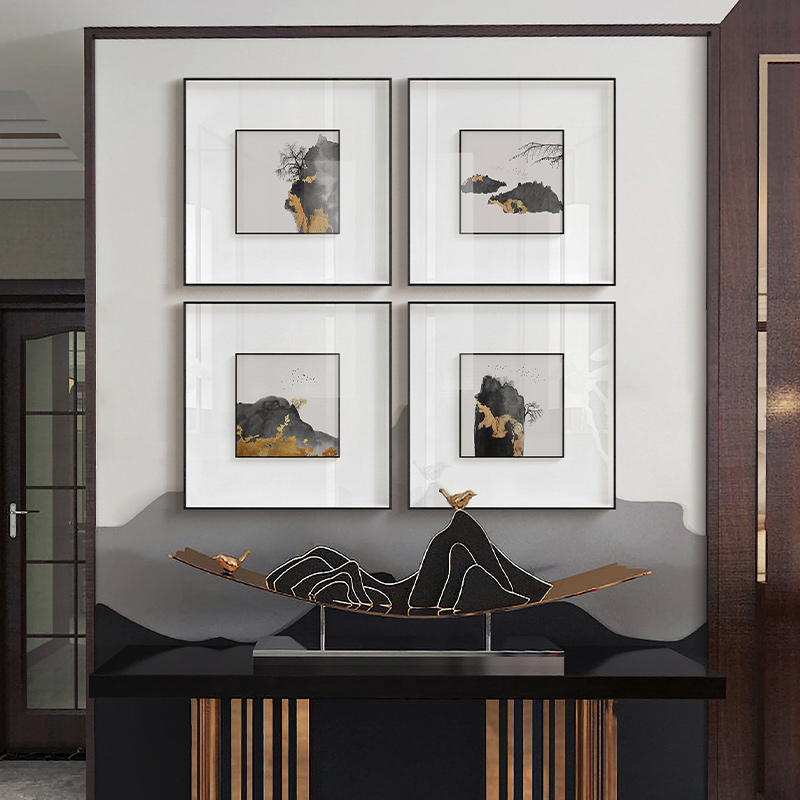 新中式水墨山水风景装饰画客厅沙发背景正方形山脉金色黑色挂画