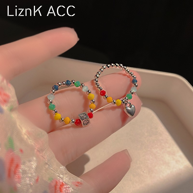 彩色串珠爱心戒指女小众设计感高级轻奢弹力绳食指环时尚个性简约