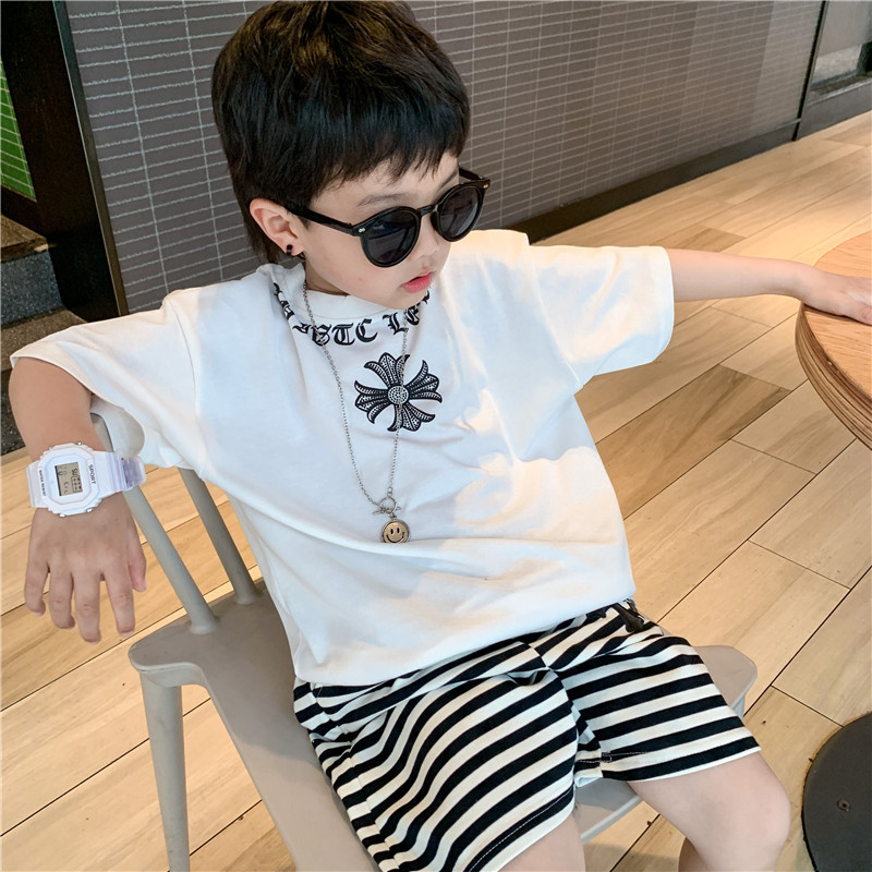 日系儿童潮牌克罗短袖T恤夏季帅气男中小童字母宽松洋气黑白上衣