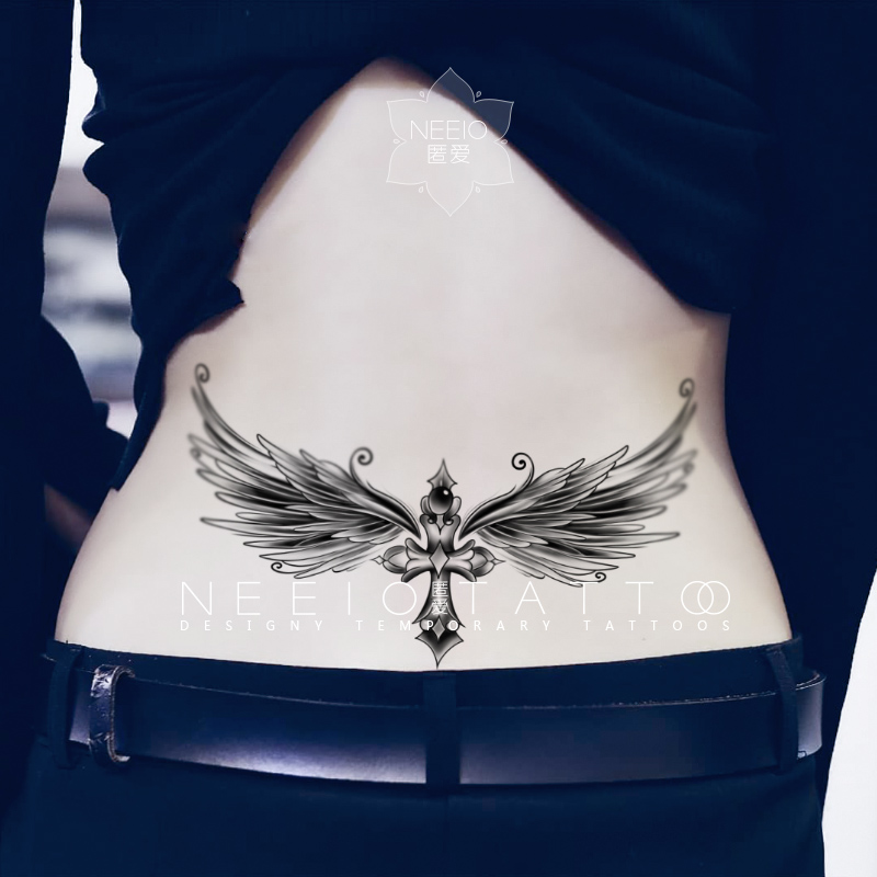 neeio纹身贴 守护者羽翼 个性黑色十字架翅膀遮腰腹疤痕 防水男女