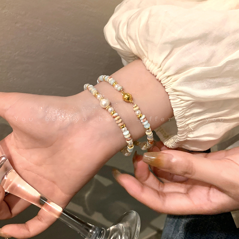 天然珍珠寿山石彩色串珠手链小众复古轻奢高级感双层叠戴手串手饰