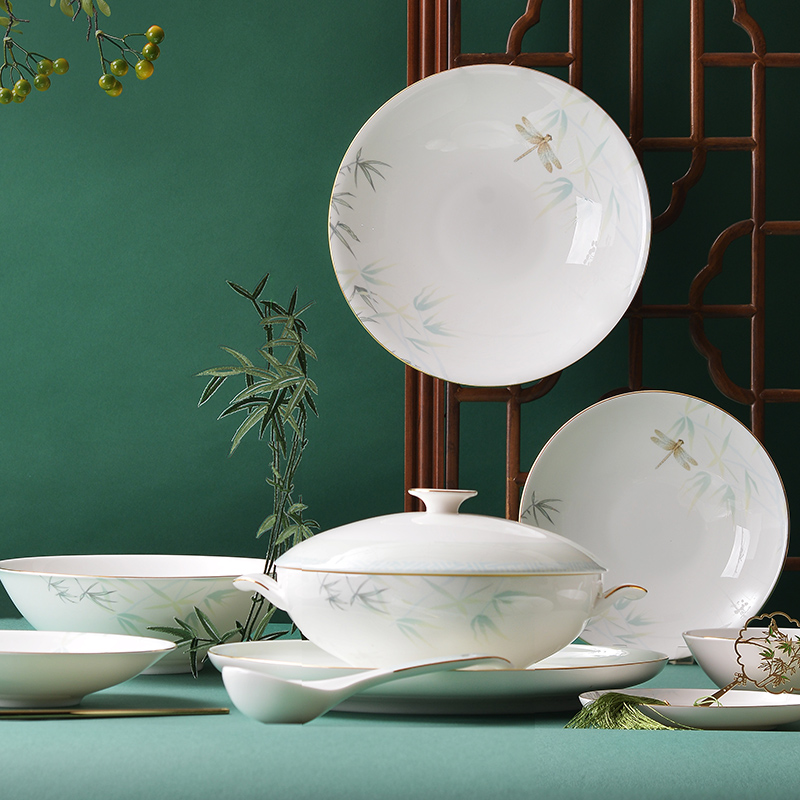 华光陶瓷淄博 骨瓷餐具套装碗碟套装家用碗盘碟中式餐具套装 青亭
