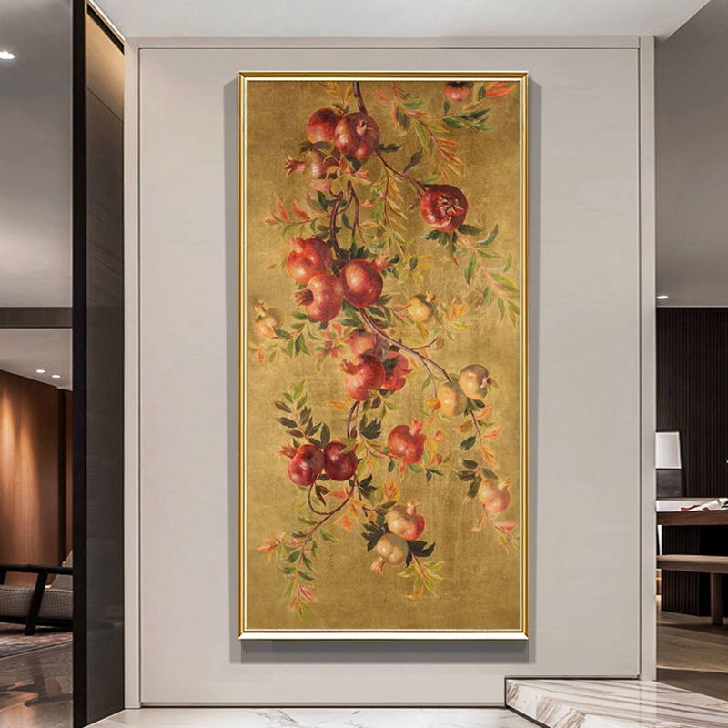 新中式玄关多子石榴手绘油画美式客厅装饰画轻奢过道楼梯入户壁画