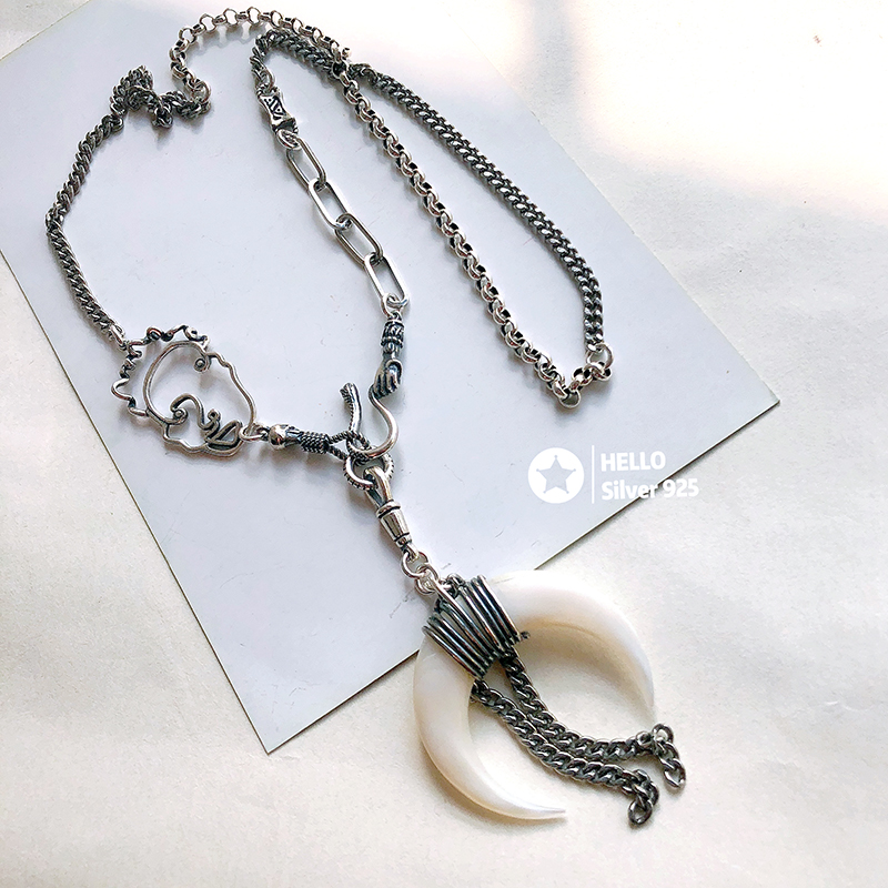 韩国东大门 S925纯银小众设计人头像中长项链 天然贝壳月牙毛衣链