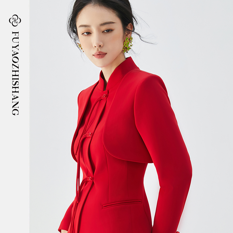 FUYAO扶摇 新中式国风女装红色西装外套女套装高端改良唐装西服春