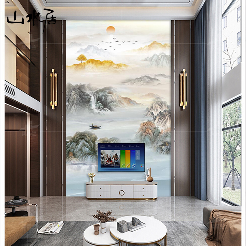 别墅中式山水电视背景墙壁纸2021年新款墙布客厅大气挑高壁画墙纸