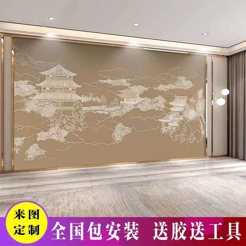 中国风客厅山水阁楼电视背景墙壁纸中式宫殿墙布古风茶室酒店壁画