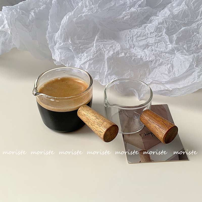 咖啡小奶盅杯木柄带手柄意式浓缩萃取量杯刻度倒奶壶调汁壶牛奶罐