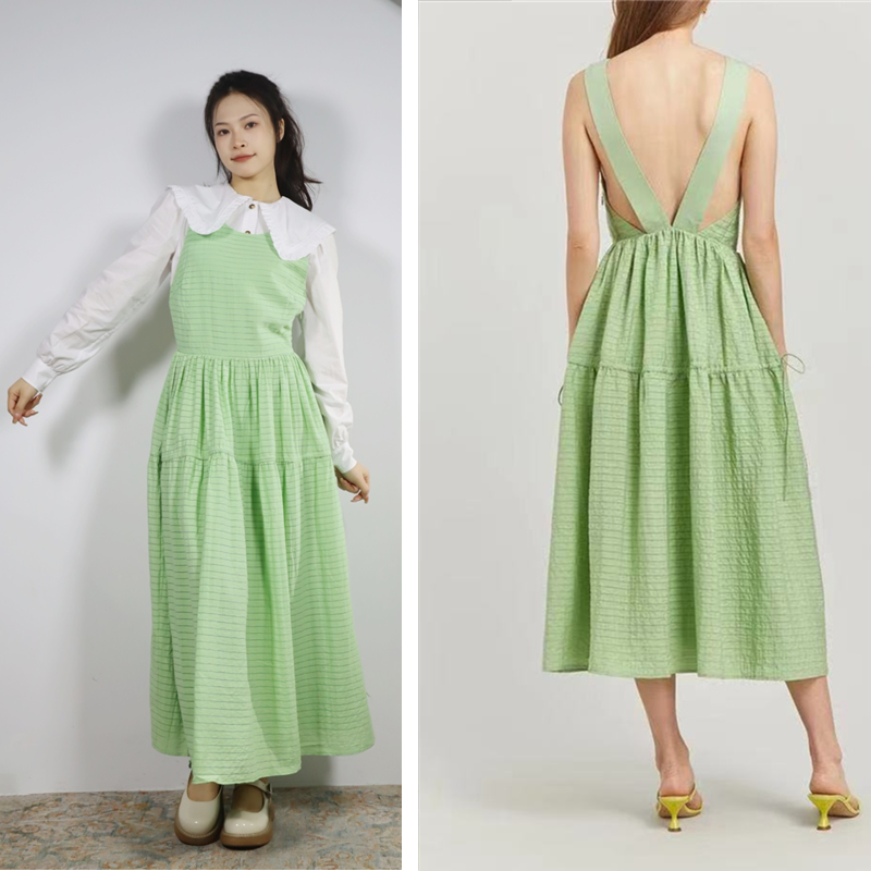 丹麦设计SG一道绿光少女气质草绿条纹拼接无袖吊带连衣裙背带裙