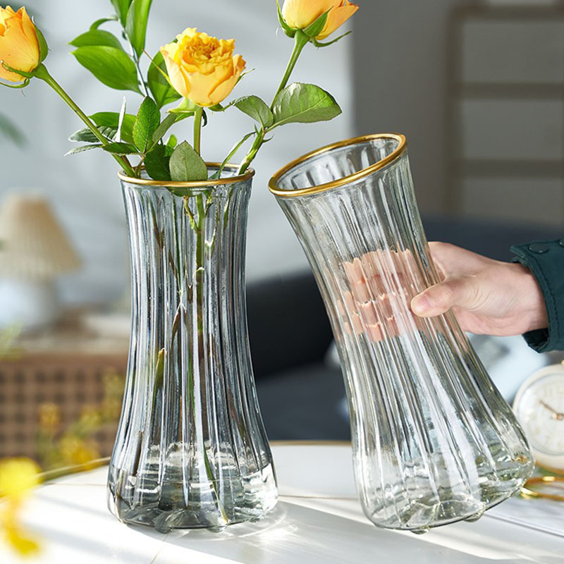 高端轻奢描金玻璃花瓶创意太阳花鲜花插花玫瑰富贵竹绿萝水培摆件