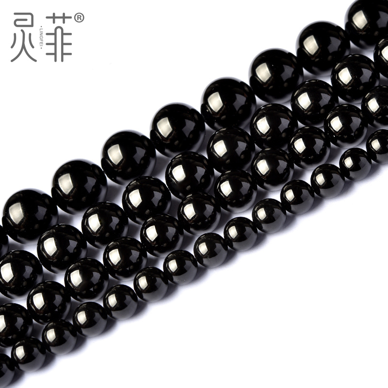 天然黑玛瑙散珠半成品配珠 圆珠黑色玉髓珠子隔珠DIY手工串珠材料